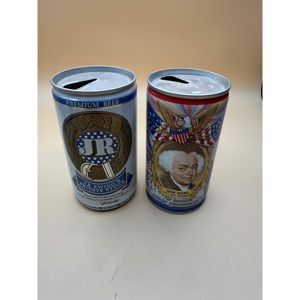 Vtg JR Erwing Private Stock John Adams Lot 2 Beer Cans Kitsch Decor Breweriana